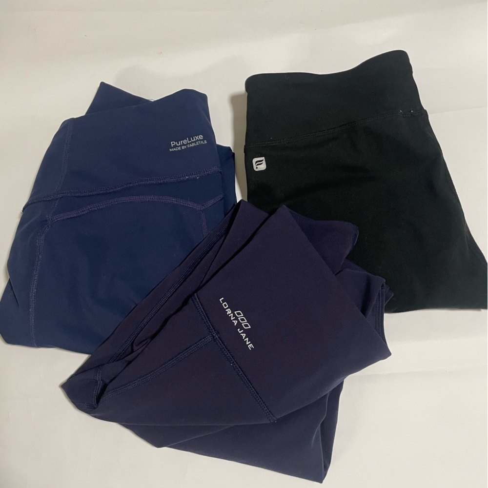 Lorna Jane Navy, Deep Blue & fabletics Pure Luxe Black Leggings 3 pieces  bundle